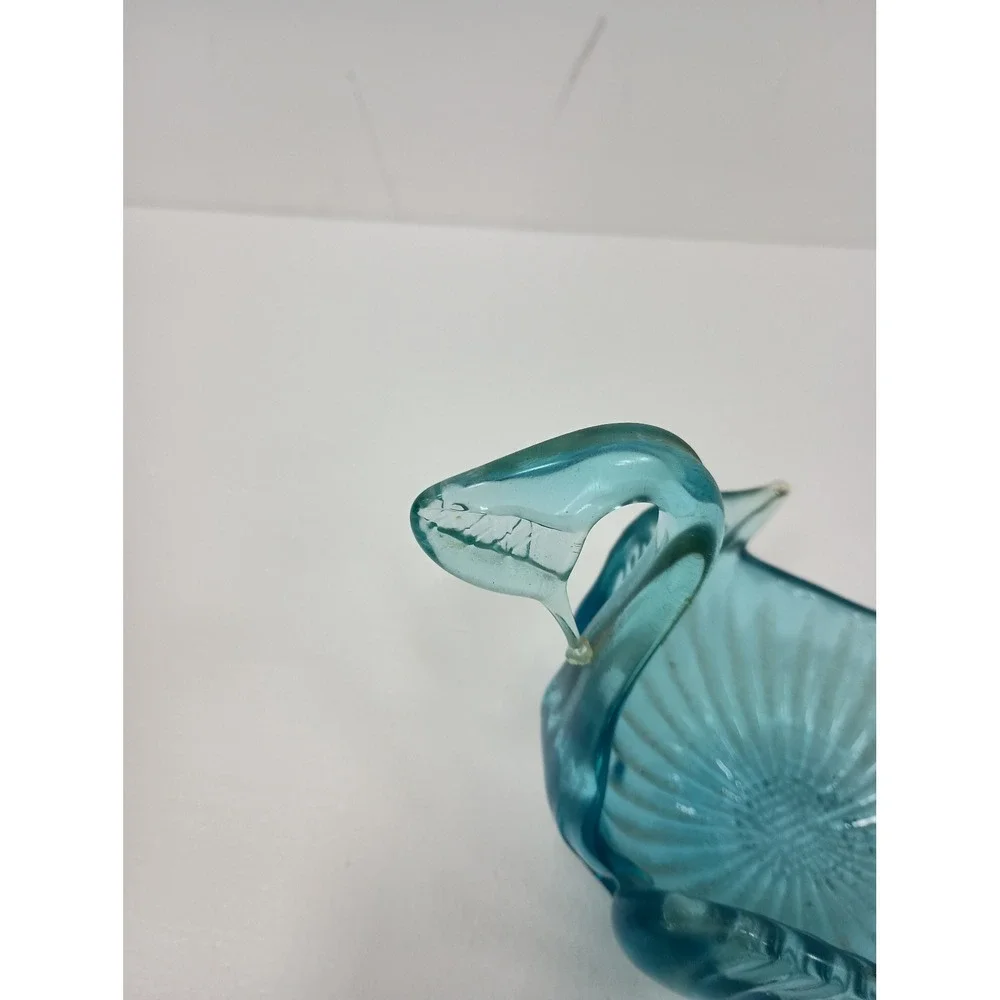 Vintage Art Glass Swan Bowl Blue Trinket Dish Decor Mid Century Modern Coastal